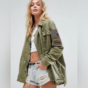 Free People Olive Utility Field Jacket with Patch Details